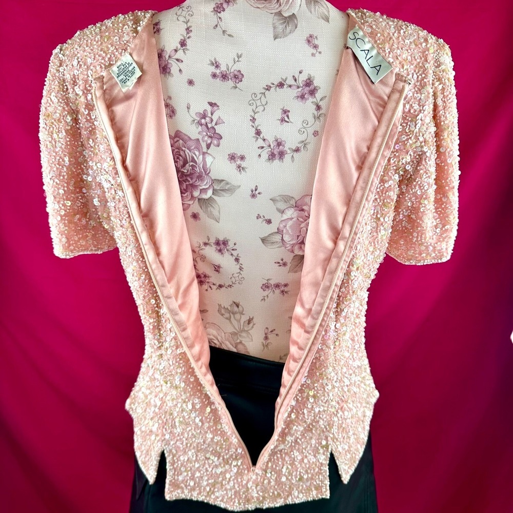 Pink Sequin Date Night Top Vintage Scala Silk Beaded Romantic Valentine Large - Picture 10 of 17